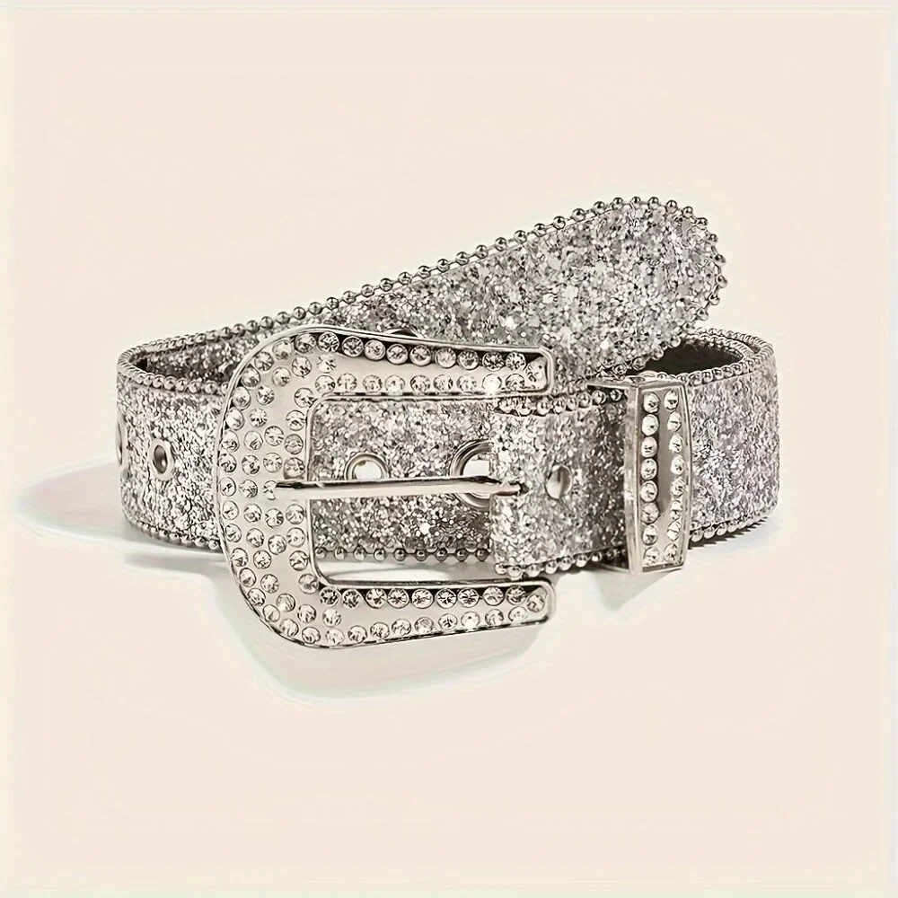 Sparkling Glitter PU Leather Belts Trendy Solid Color Y2K Waistband